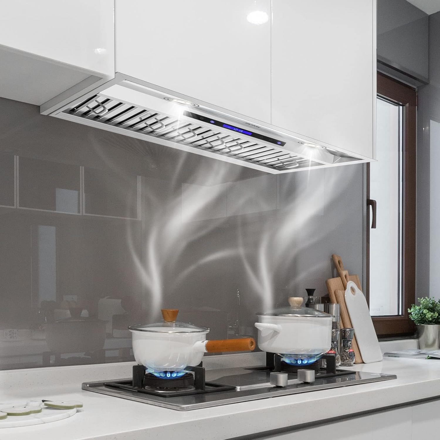 Insert Range Hood, 900CFM 4-Speed, 30 Inch Stainless Steel Built-in Kitchen Vent with Touch & Remote Control LED Lights Baffle Filters, Ducted/Ductless Convertible