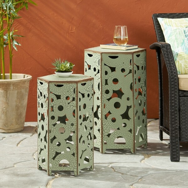 Outdoor Crackle Pattern Side Table,Accent Table Set of 2 with Hollow Out Design and Adjustable Levelers