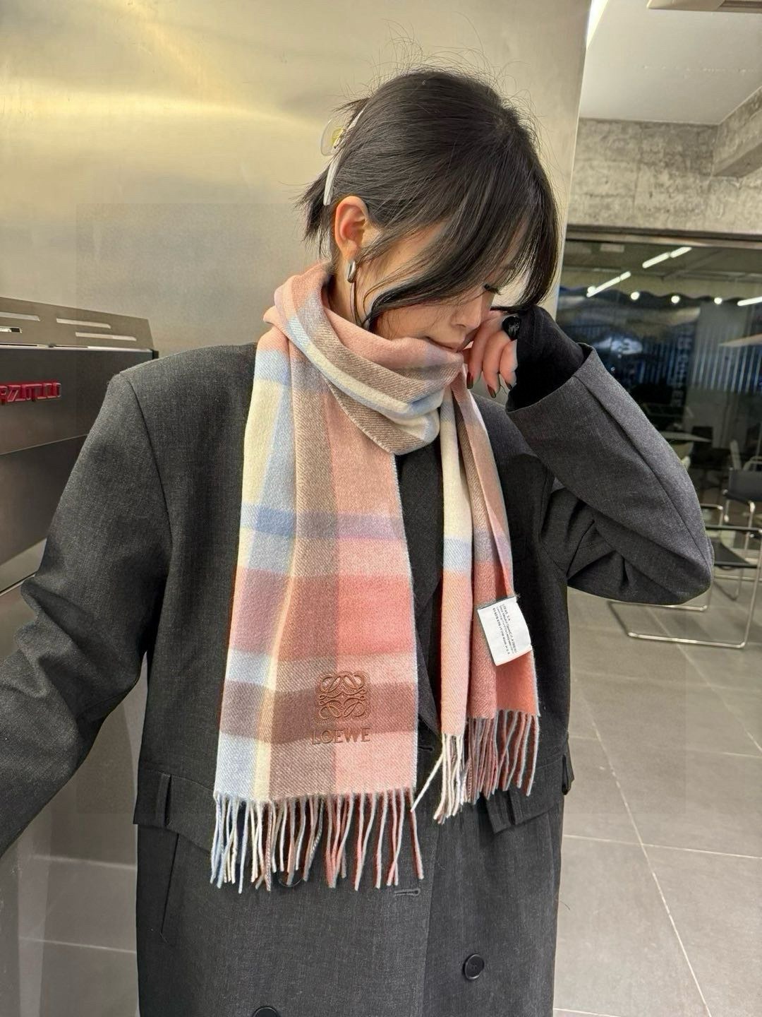 Loewe Wool Scarf Plaid Pink For Women 180cm