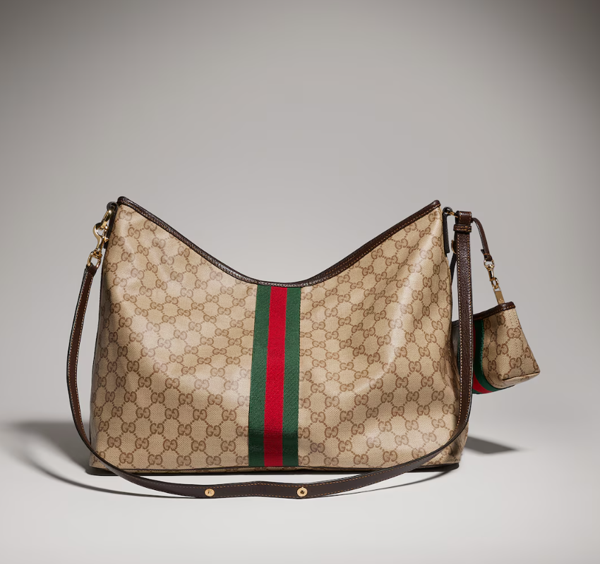 GUCCI Large shoulder bag with Web Sand and dark brown GG coated canvas
