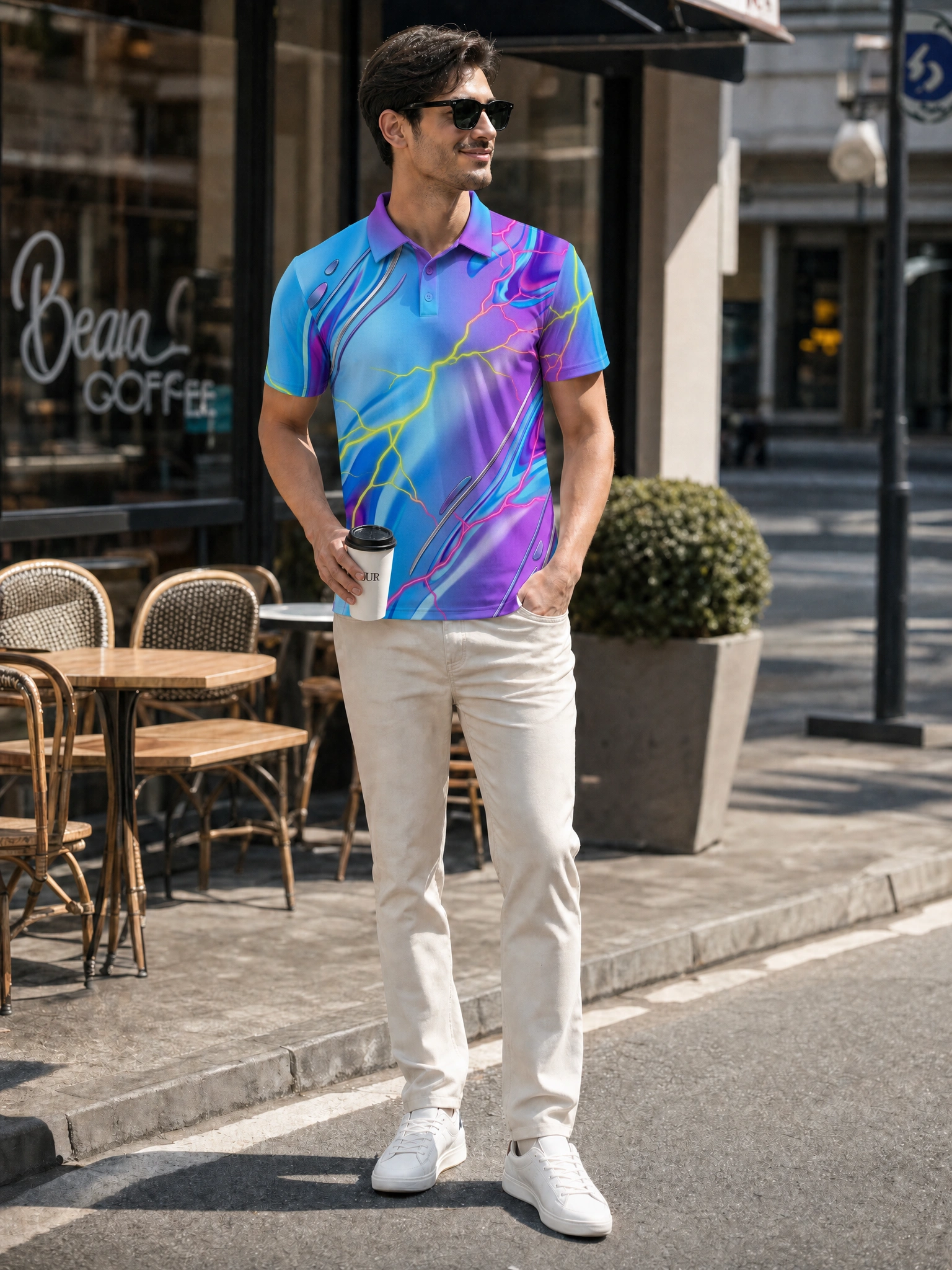 Moisture Wicking Golf Polo 3D Blue Purple Swirl Lightning Button Short Sleeve Golf Polo Shirt