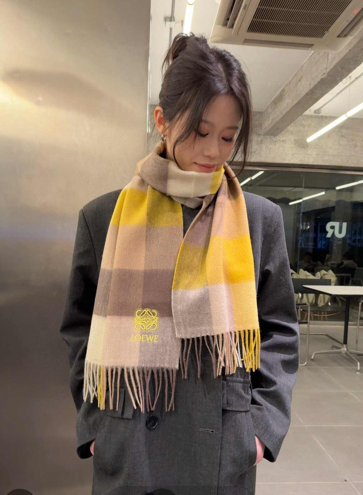Loewe Cashmere Scarf Check Yellow For Women 180cm
