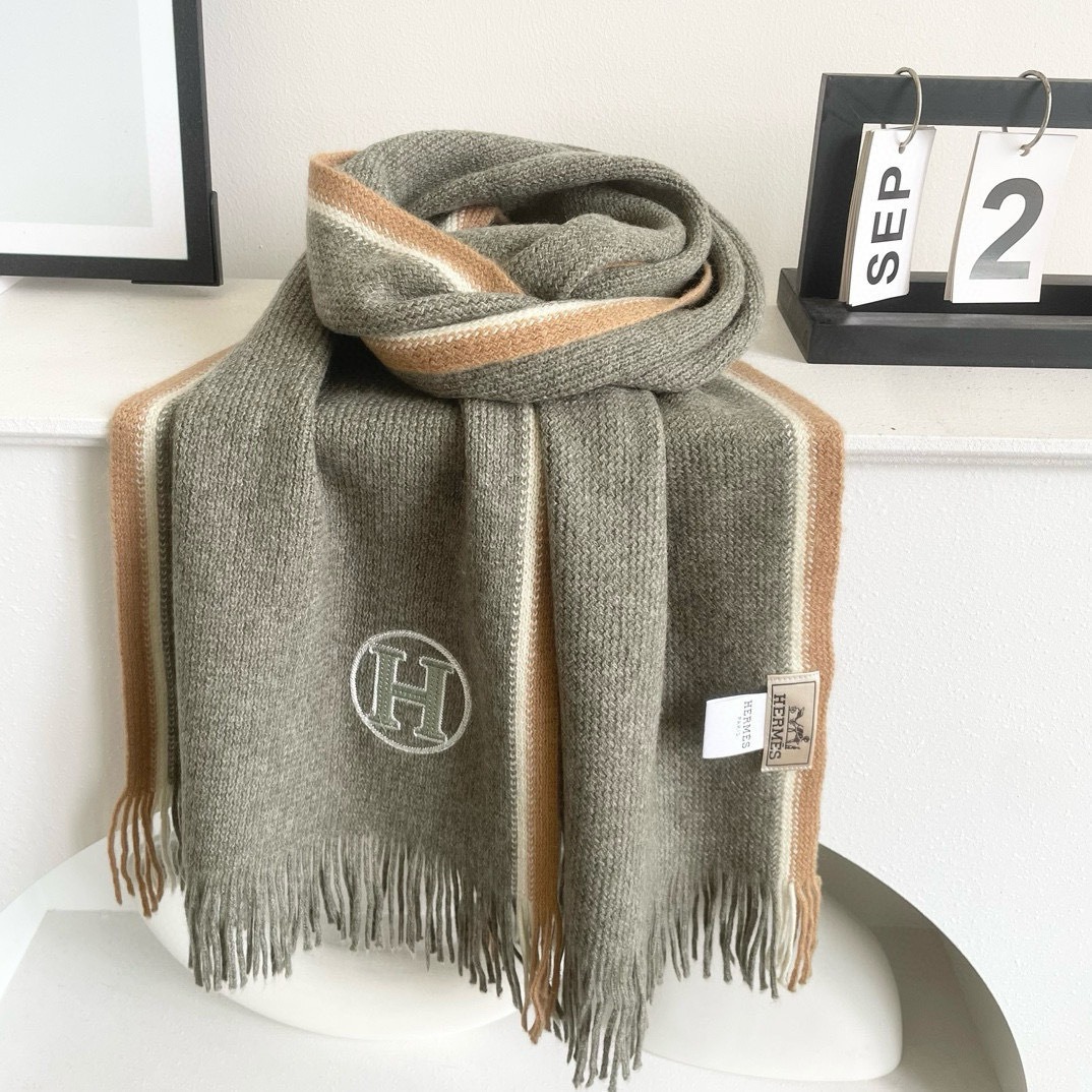 Hermes Cashmere Scarf H-Motif Gray For Women 180cm
