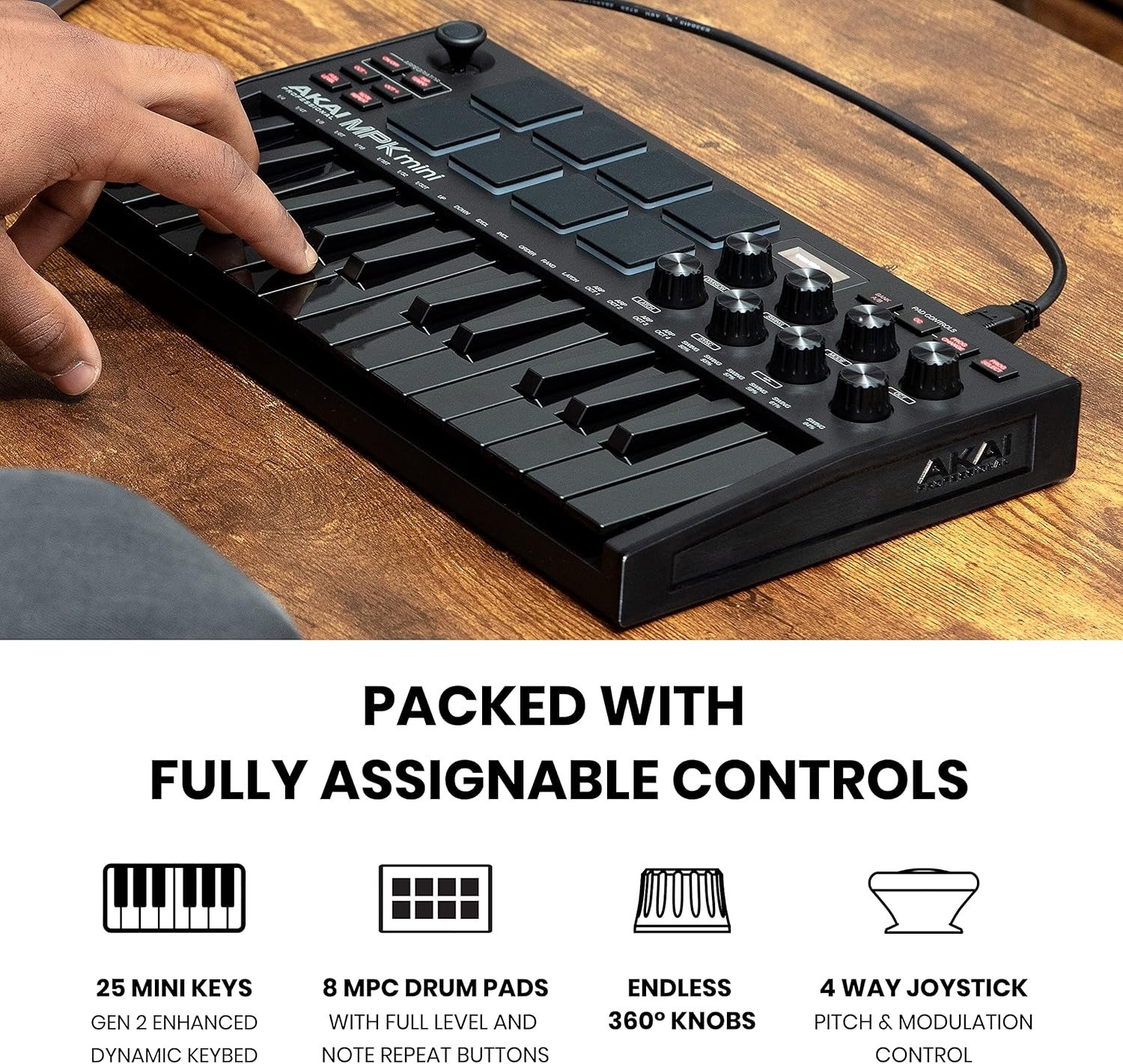 25 Key USB MIDI Keyboard Controller With 8 Backlit Drum Pads, 8 Knobs, Music Production Software and Native Instruments Sound Package (NKS Integration), Black