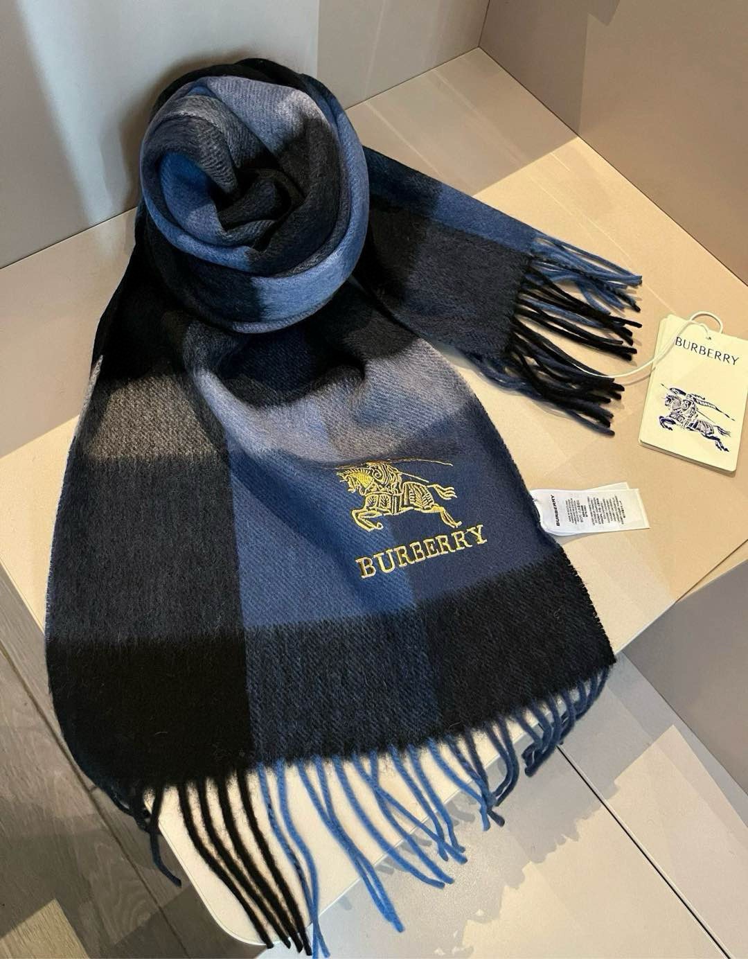 Burberry Cashmere Scarf Checkered Blue For Women 180cm