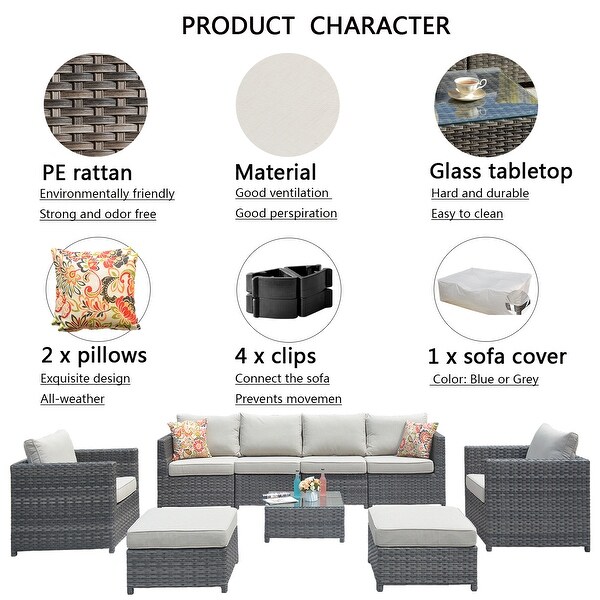 OVIOS Patio Furniture Deep Seat Wicker 9piece Set