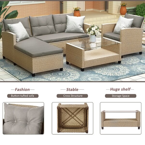 4Piece Classic Conversation Set,Wicker Rattan Patio Sofa with Cushions