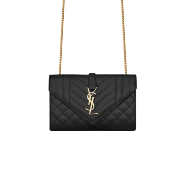 Saint Laurent Envelope Small Bag In Mix Matelasse Grain De Poudre Embossed Black Gold 21Cm