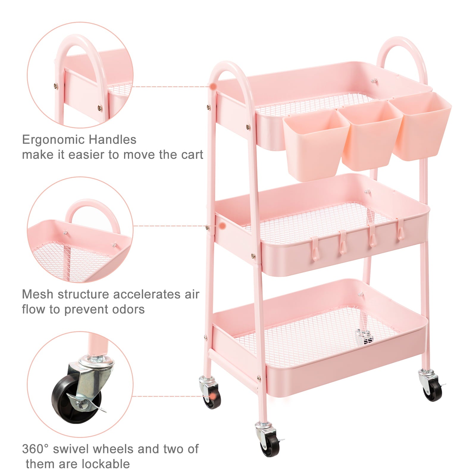 3-Tier Metal Rolling Utility Storage Cart with Lockable Wheels and Ergonomic Handles and Hanging Cups, Multifuctional Trolley Cart for Sitting Room, Bathroom, Kitchen, Study, Pink