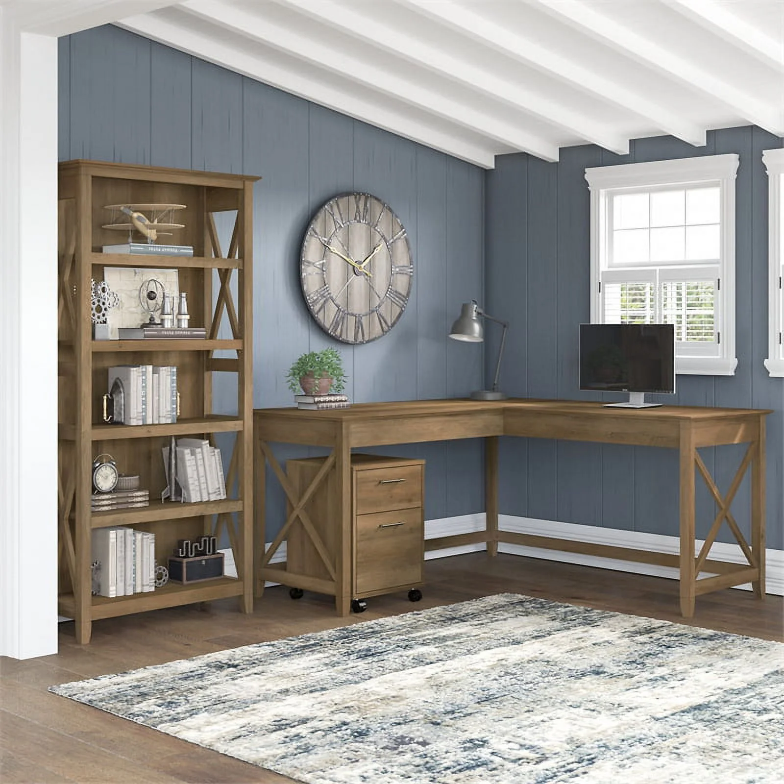 UrbanPro L Desk with Drawers and Bookcase in Reclaimed Pine - Engineered Wood
