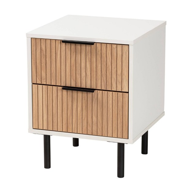 Karima Two tone Wood And Metal 2 Drawer End Table White natural Brown black Baxton Studio