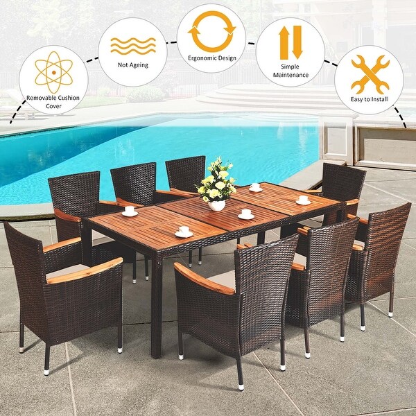 9PCS Patio Rattan Dining Set 8 Chairs Cushioned Acacia Table Top