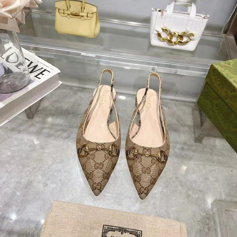 Horsebit GG Gucci canvas slingback flats in beige Brown - cnluxepick
