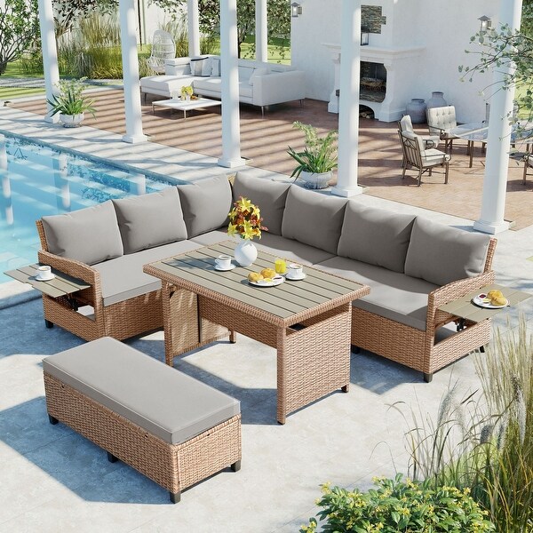 Oaks Aura 5Piece LShaped Outdoor Patio Sectional Sofa with 2 Extendable Side Tables,and Dining Table for Backyard