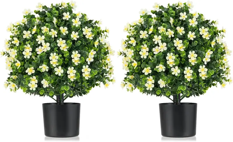 Two-Piece Faux Shrub Set — Lifelike Potted Artificial Plants with Blooming Details
