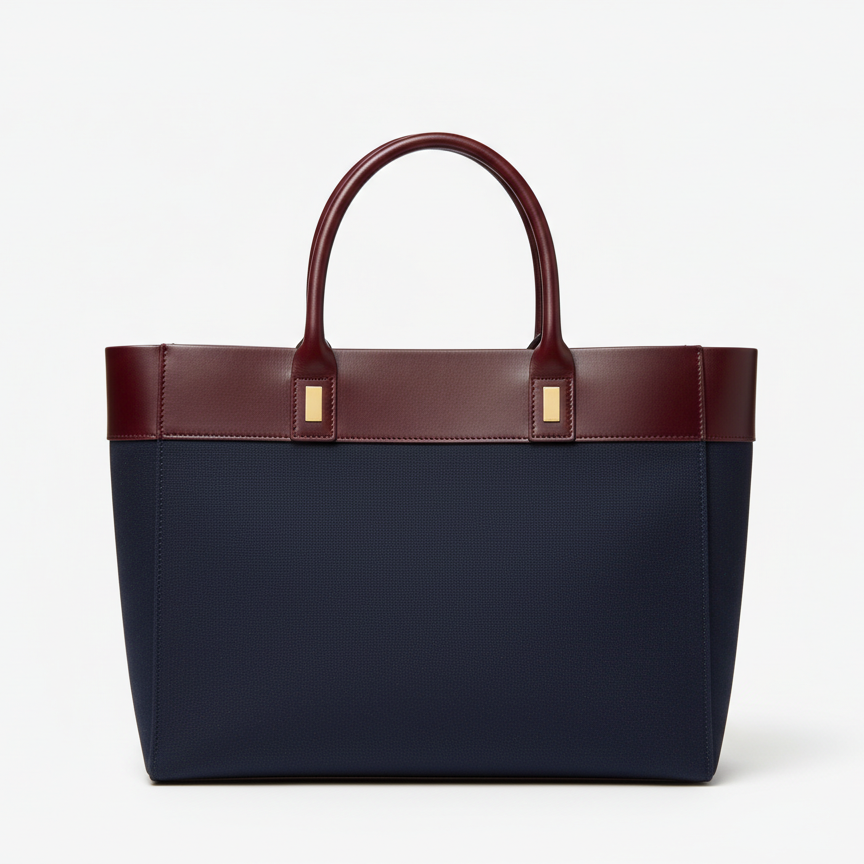 Navy & Burgundy Two-Tone Leather Tote Bag