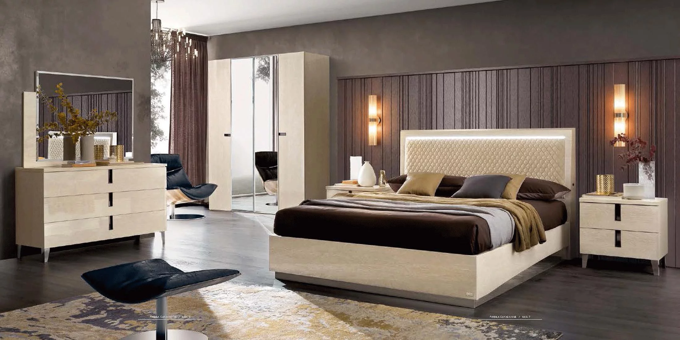 Glam Glossy Ivory Queen w/LED Bed Ambra Rombi ESF Modern Made in Italy