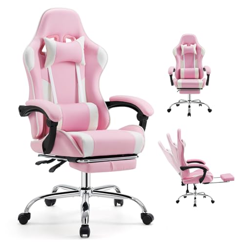 Ergonomic Gaming Office Desk Chair with Footrest, Height Adjustable 360° Swivel Computer Chair with Headrest and Lumbar Support, Pear White