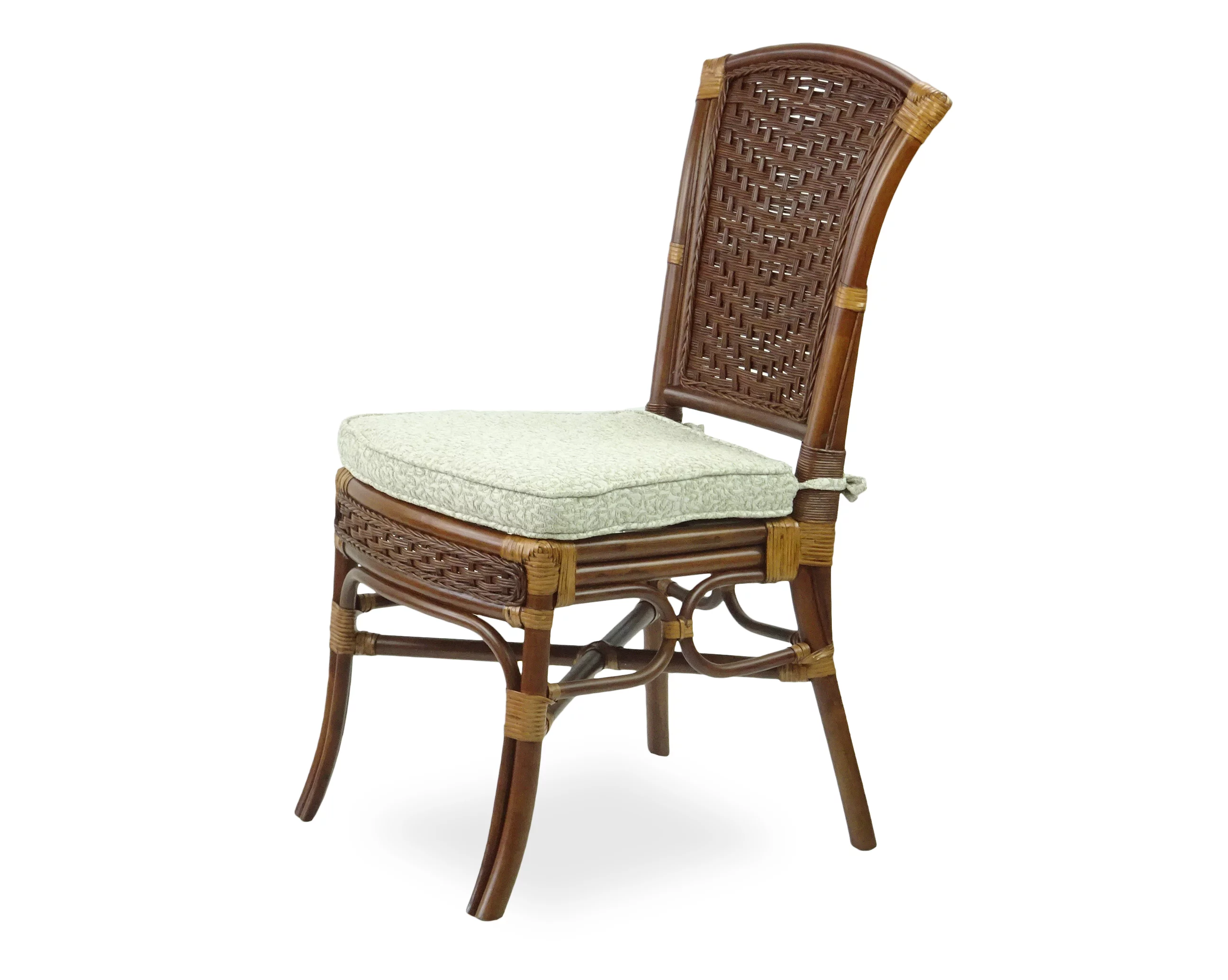 SK New Interiors Set of 4 Alexa Dining Side Chairs Natural Rattan Wicker Handmade with Cushion, Dark Walnut Color