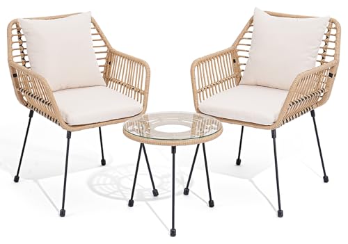 3 Piece Patio Bistro Set, Outdoor Wicker Patio Set for 2, All Weather Bistro Table and Chairs Set of 2, Balcony Furniture with Cushions Pillows for Porch Backyard Lawn Poolside Deck, Beige