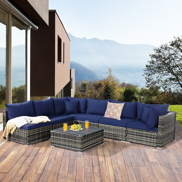 7PCS Patio Rattan Furniture Set Sectional Sofa Garden Cushion