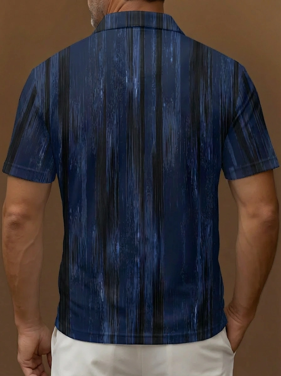 Dark Blue Black Brushstroke Vertical Stripe Pattern Button Short Sleeve Golf Polo Shirt