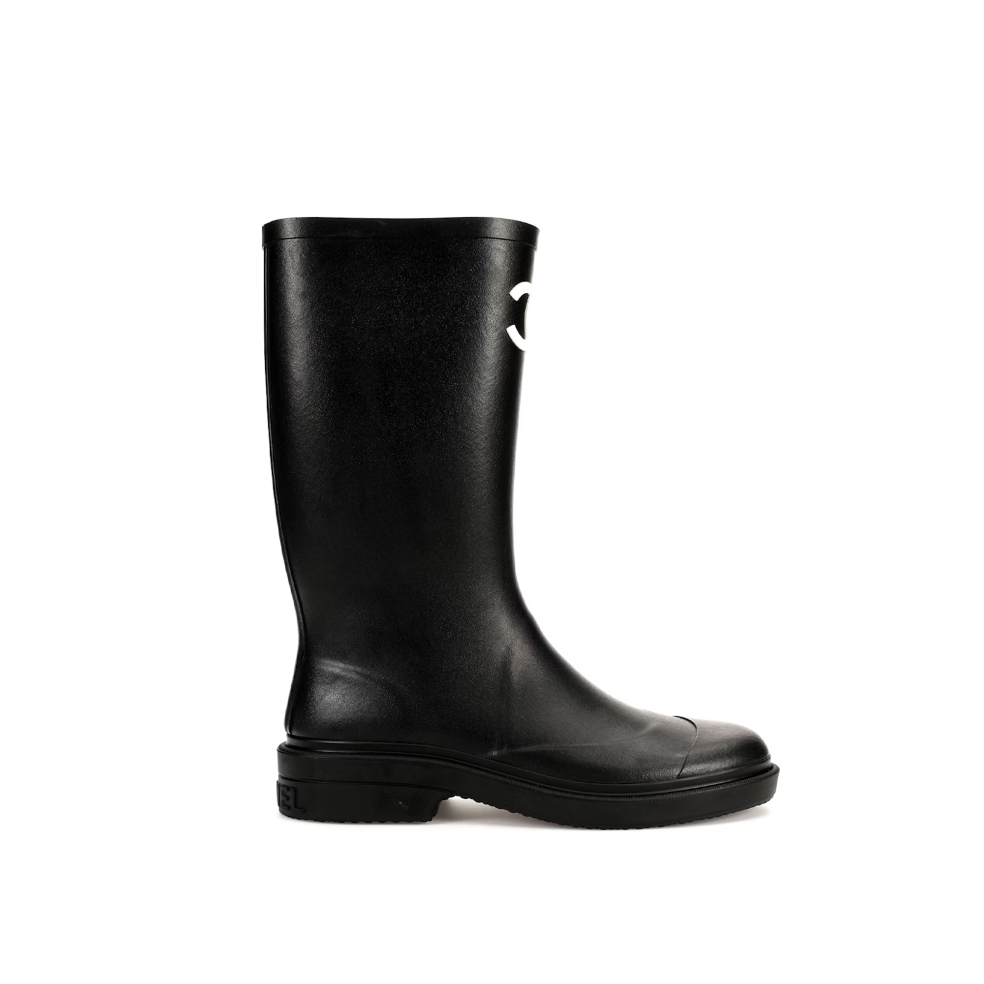 Chanel CC Logo Rain Boots Black Rubber Heel 47cm