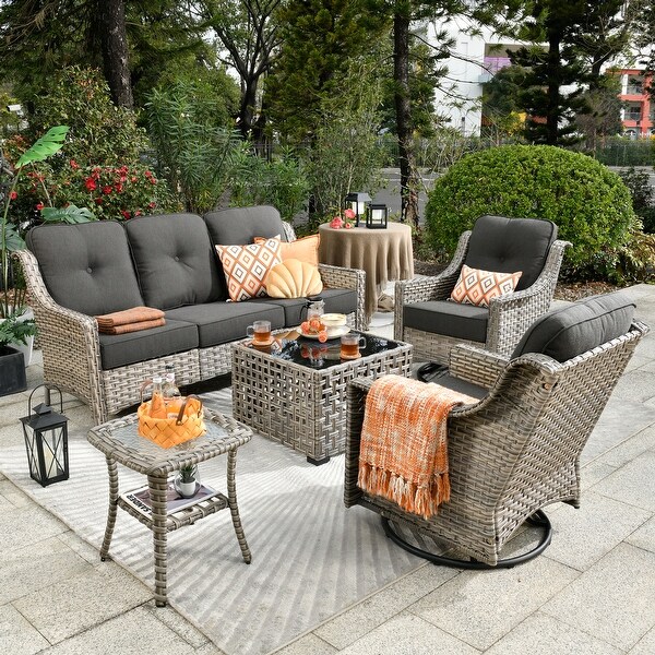OVIOS 5 Pieces Outdoor Wicker Swivel Chair Set With SolarPowered Table