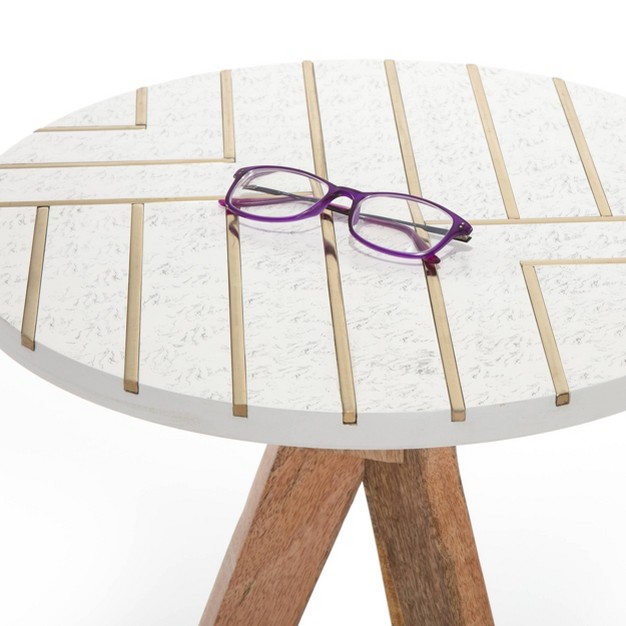 Amari Round Side Table With Brass Inlay Top White Adore Decor