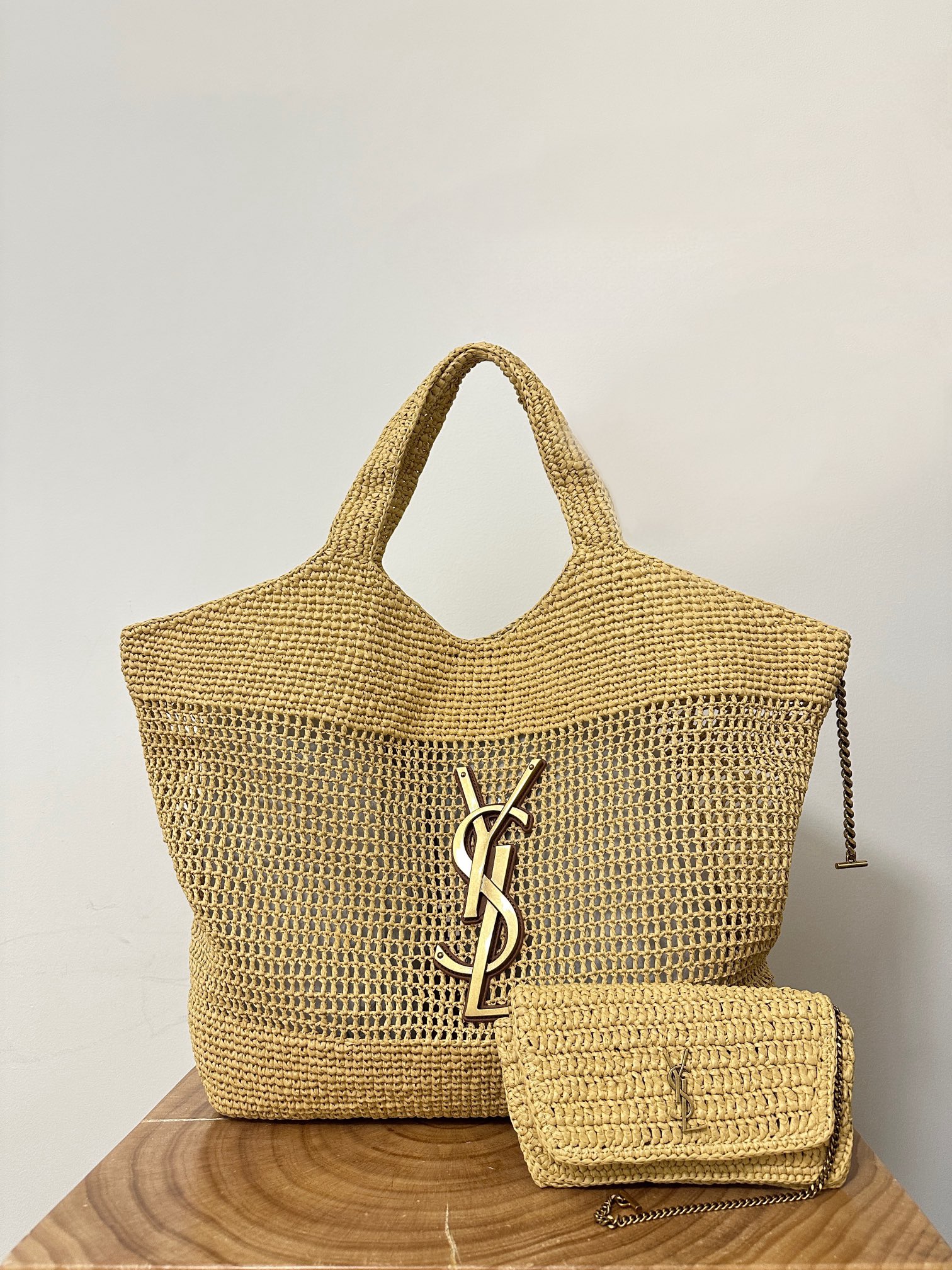 YSL Saint Laurent Icare Raffia Shopping Tote Bag – Natural Beige 43cm/ 16.9in