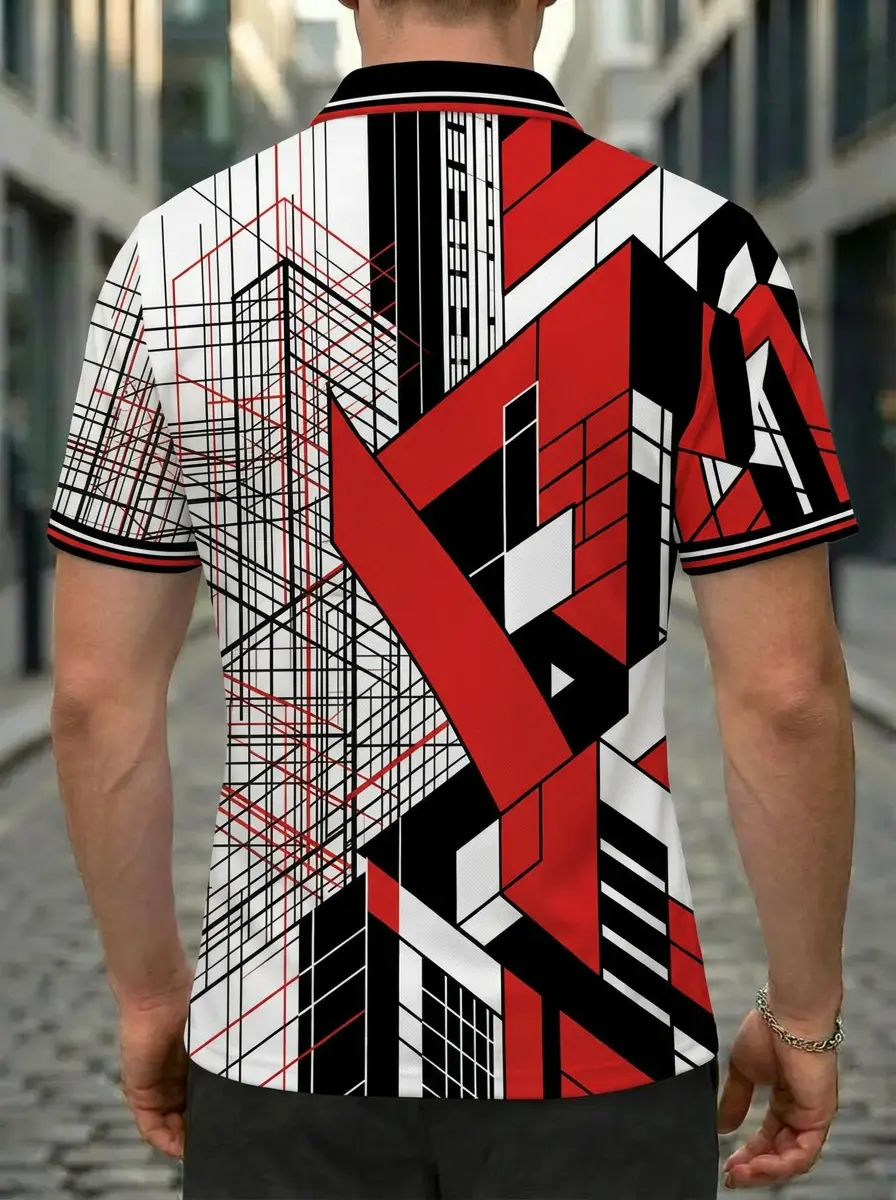 Moisture Wicking Golf Polo 3D Red Black White Geometric Building Button Short Sleeve Golf Polo Shirt