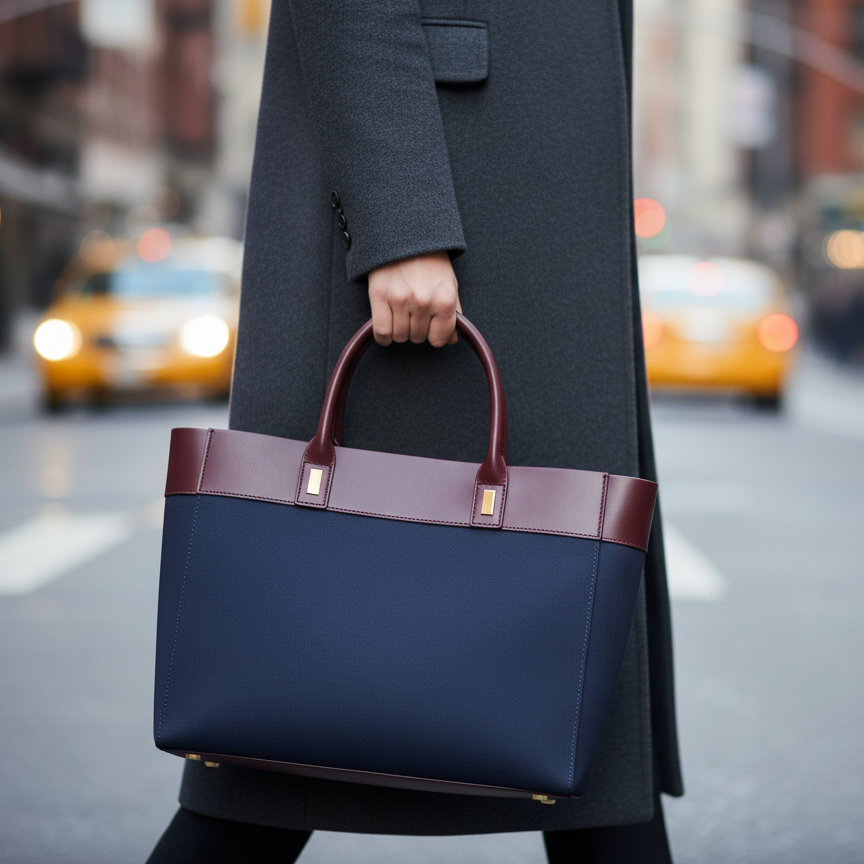 Navy & Burgundy Two-Tone Leather Tote Bag