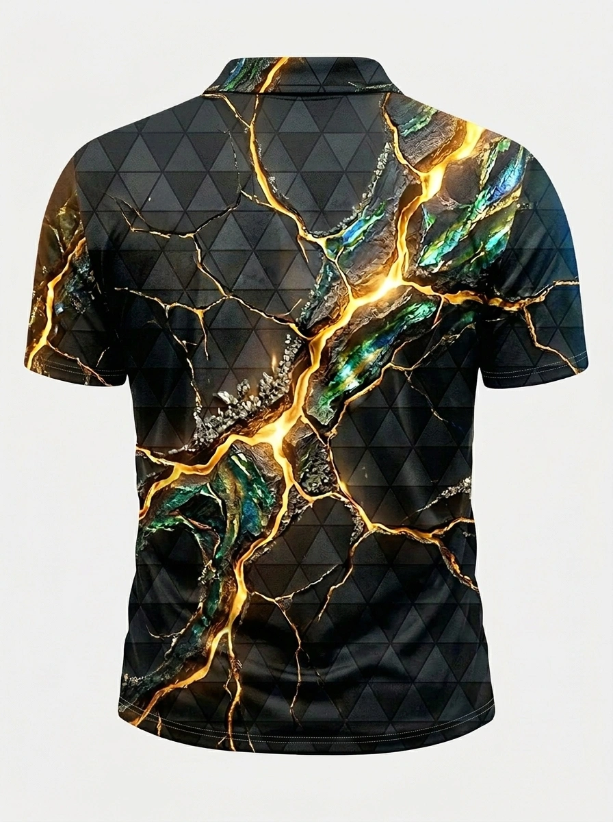 Moisture Wicking Golf Polo 3D Black Gold Green Marble Cracked Button Short Sleeve Golf Polo Shirt