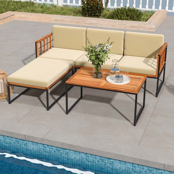 Costway 5 PCS Patio Furniture Set Acacia Wood Sectional Set with Seat