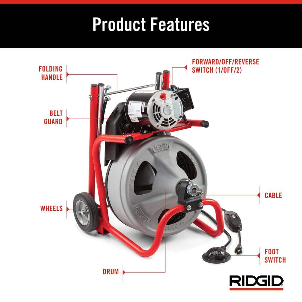 Ridgid K-400 Drain Cleaning Snake Auger 120-Volt Drum Machine with C-32IW 3/8 in. x 75 ft. Cable + 4-Piece Tool Set & Gloves 52363