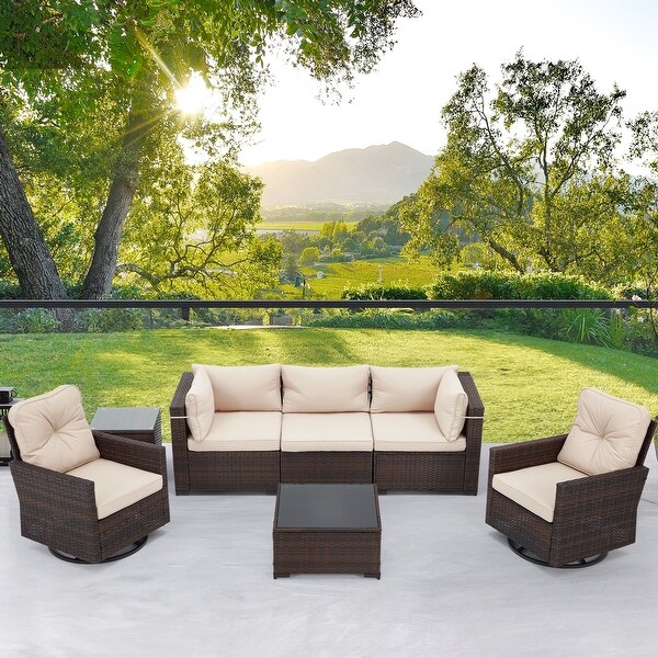 AVAWING 7 PCS Outdoor Wicker Sectional Sofa with Swivel Rocker Chairs
