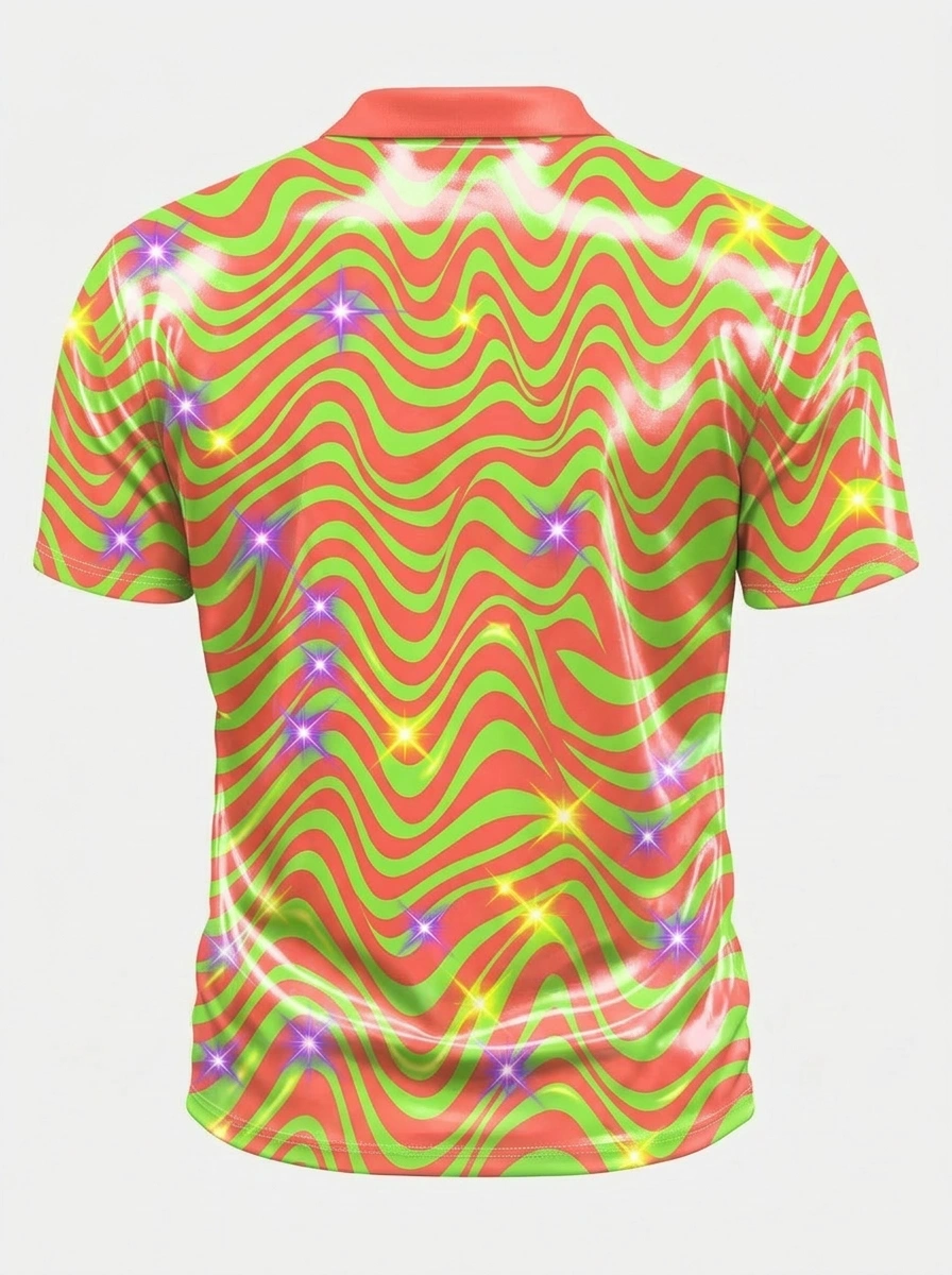 Moisture Wicking Golf Polo 3D Red Green Wave Star Button Short Sleeve Golf Polo Shirt