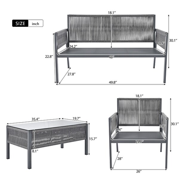4Piece Rope Patio Furniture Set with Tempered Glass Table