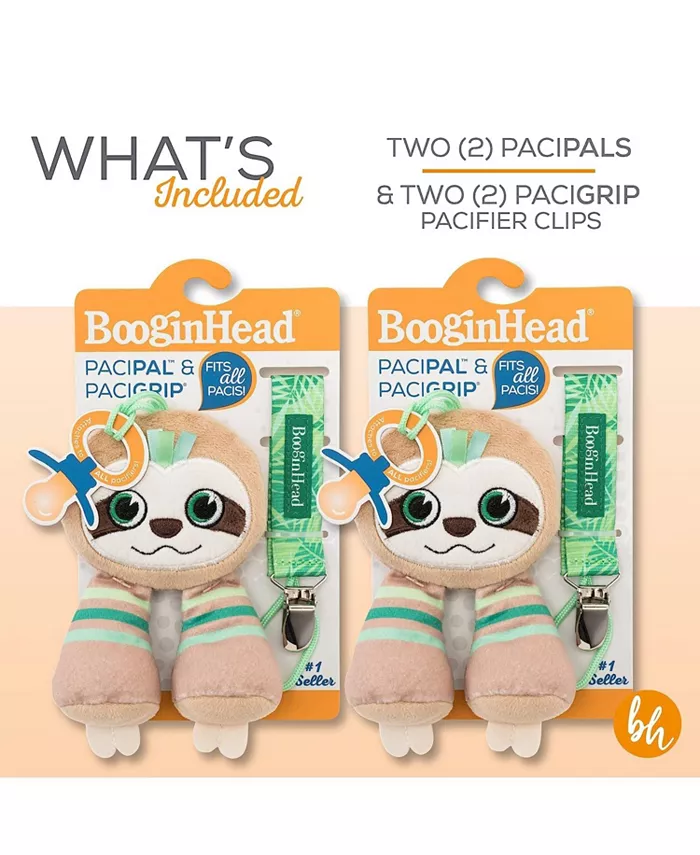 Booginhead Pacifier Holder Stuffed Animal and Baby Pacifier Clip, 2-Pack Sloths