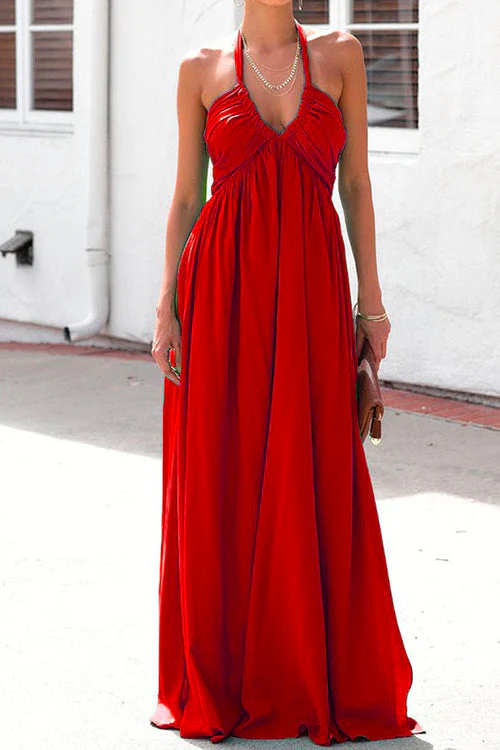 Deep V Halter Maxi Dress with PocketsClistos