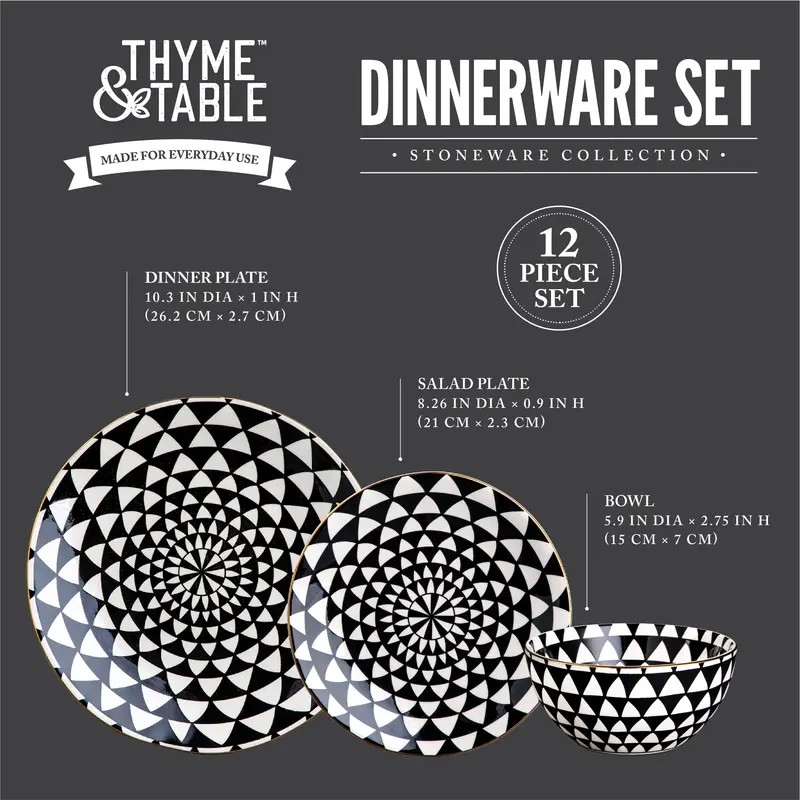 Thyme and Table Dinnerware Black and White Medallion Stoneware, 12 Piece Set