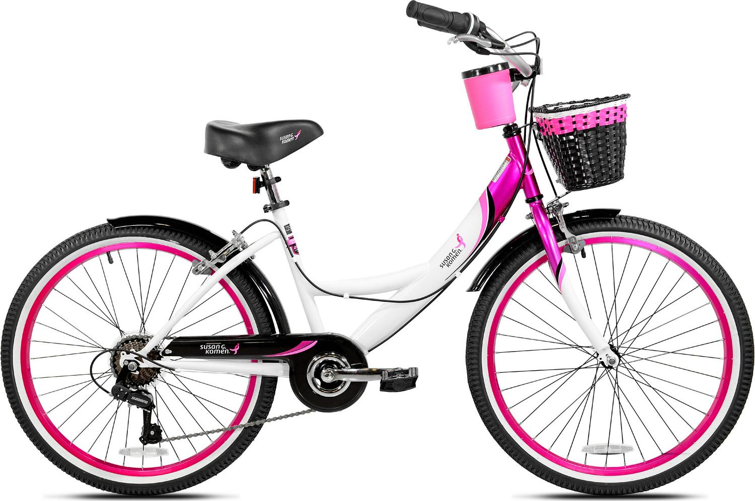 Susan G. Komen 24 In. Multi-Speed Cruiser Girl’s Bike, Pink, White and Black