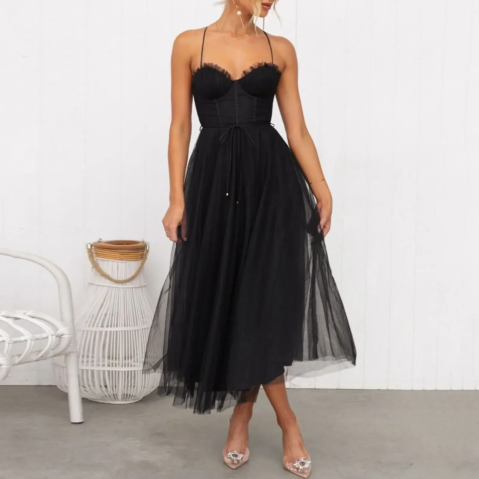 Elegant Corset Midi Dress - Spaghetti Strap PartyClistos