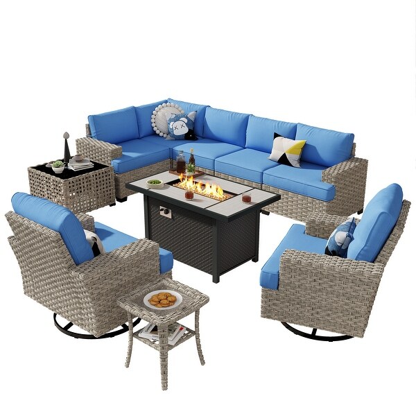 OVIOS 10 Pieces T shaped Seat Wide Armrest Swivel Chair Set With SolarPowered TableandFire Pit