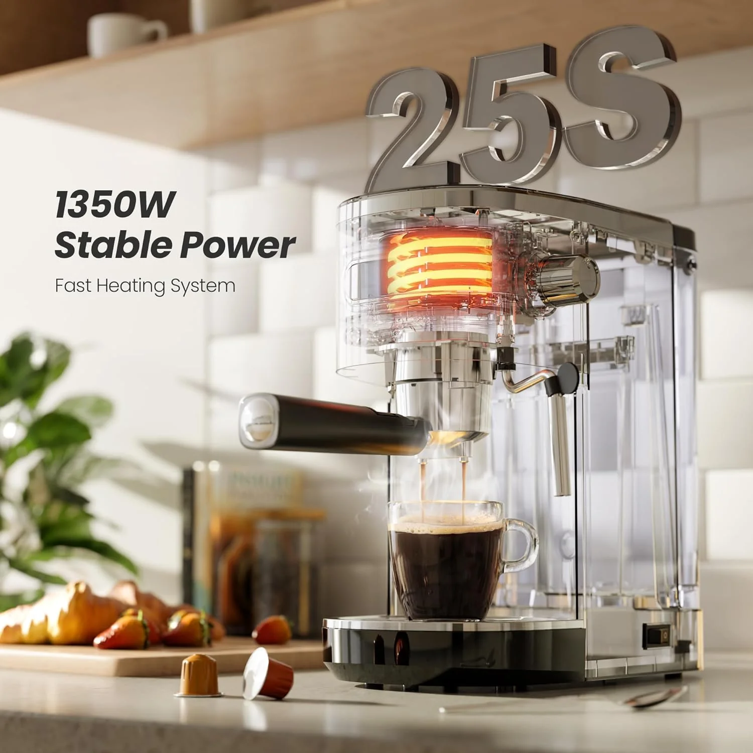 Espresso Machine 15 Bar, Semi-Automatic Coffee Maker with Bean Grinder and Milk Frother Steam Wand CM8050