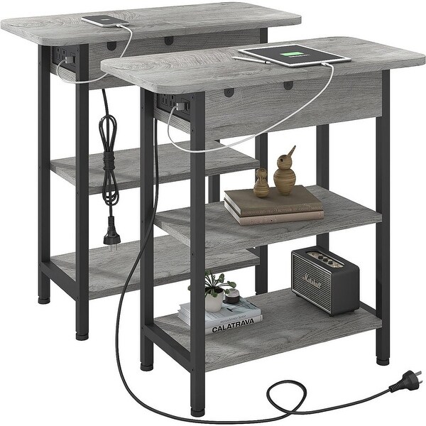 Set of 2 Flip Top Narrow Side Table,Nightstands,End Tables Light Grey