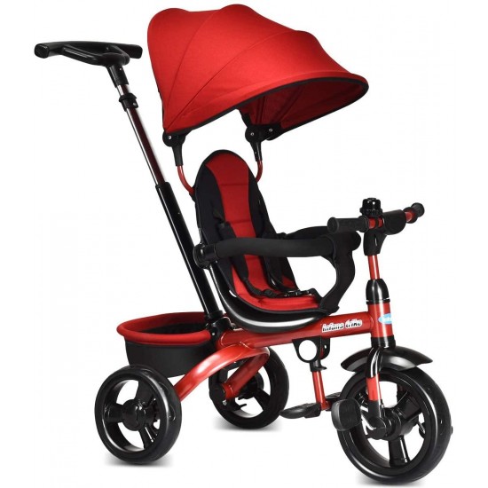 Kids Tricycle, 4 in 1 Stroll Trike with Adjustable Push Handle, Removable Canopy, Retractable Foot Plate, Lockable Pedal, Detachable Guardrail, Suitable for 10 Months to 5 Years