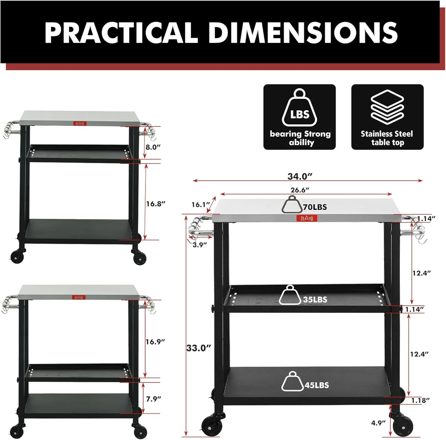 Adjustable 3-Shelf Indoor & Outdoor Grill Table | Portable Work Table with Stainless Steel Tabletop
