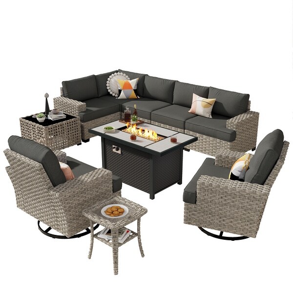 OVIOS 10 Pieces T shaped Seat Wide Armrest Swivel Chair Set With SolarPowered TableandFire Pit