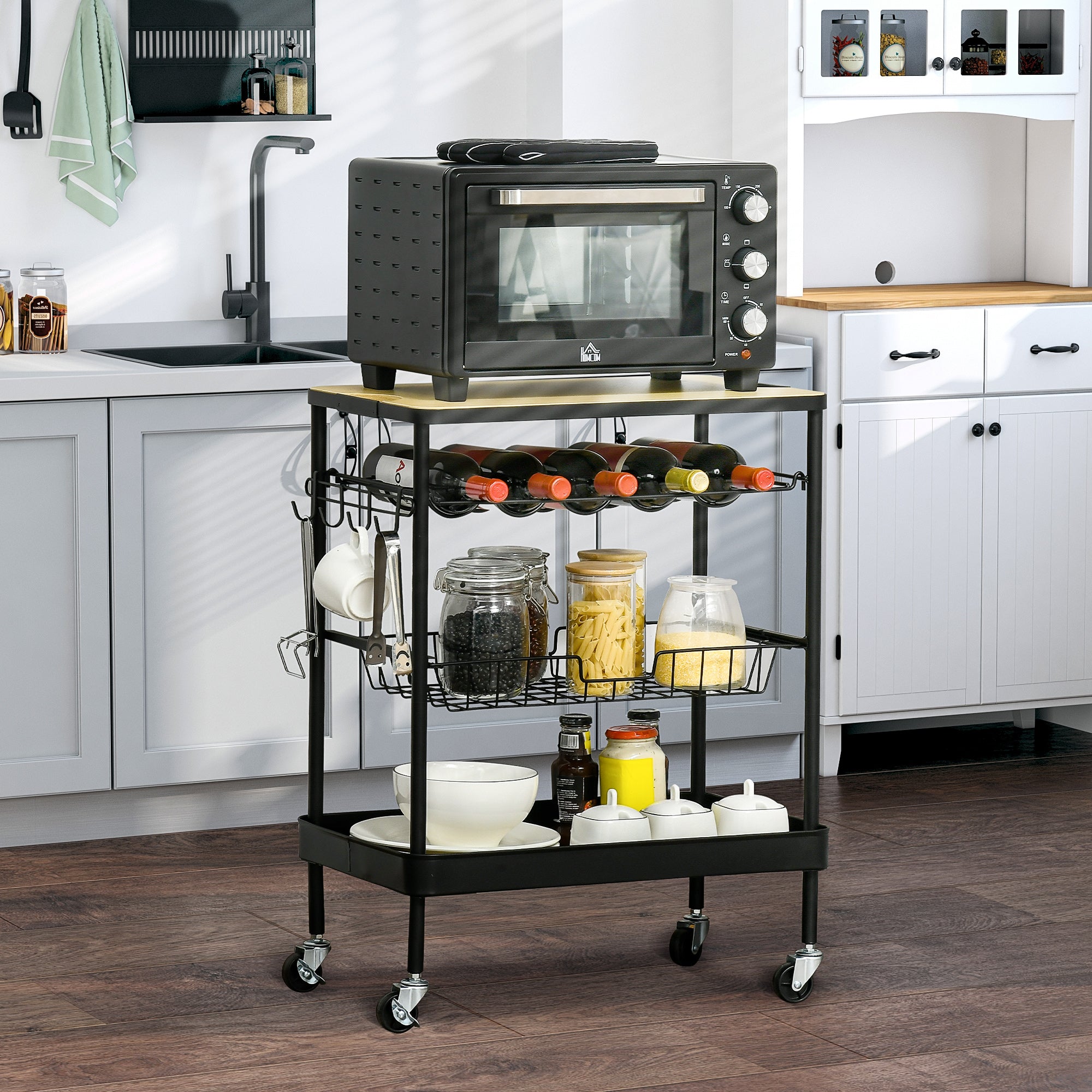HOMCOM Rolling Kitchen Cart, 3-Tier Utility Storage Trolley with Wine Rack, Mesh Drawer and Side Hooks for Dining Room, Black/Natural
